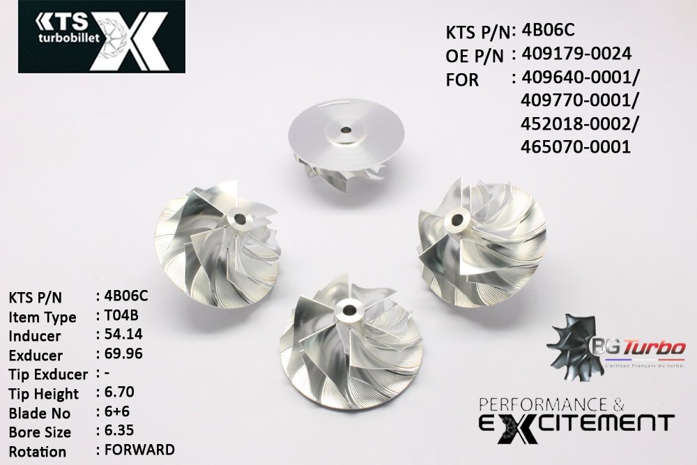 Turbo ROUE FORGÉE MFS PERFORMANCE - 6+6 PALES - INDUCER : 54,14 - EXDUCER : 69,96 - TYPE : T04BANGLE : 50° - ROTATION : Forward - SUPER BACK : 1,68 - BORE SIZE : 6,35
